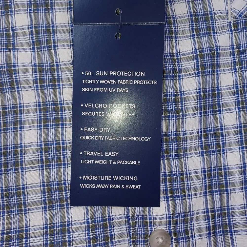 CHAPS Button Down Shirt Men S White Blue Plaid UPF 50 Quick Dry Short Sleeve NWT
